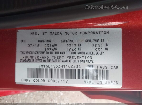 JM1GL1V53H1102334 2017 MAZDA 6 Red ძრავის განყოფილების ხედი