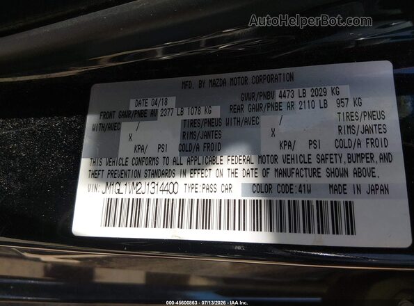 JM1GL1VM2J1314400 2018 MAZDA 6 Black Вид підкапотного простору