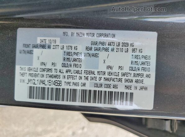 JM1GL1VM4L1514598 2020 MAZDA 6 Charcoal ძრავის განყოფილების ხედი