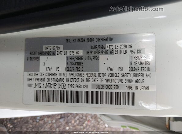 JM1GL1VM7K1510432 2019 MAZDA 6 White Շարժիչի բաժամունքի տեսք