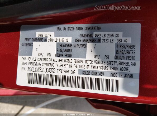 JM1GL1XY6J1304372 2018 MAZDA 6 Red Engine compartment view
