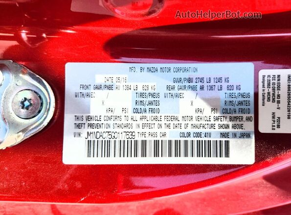 JM1NDAC75G0117639 2016 MAZDA MX-5 Red VIN sticker view