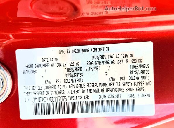 JM1NDAC77G0117075 2016 MAZDA MX-5 Red VIN sticker view
