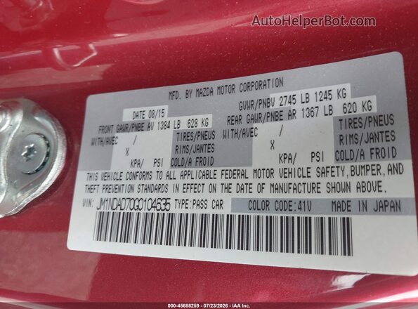JM1NDAD70G0104635 2016 MAZDA MX-5 MIATA Red Շարժիչի բաժամունքի տեսք