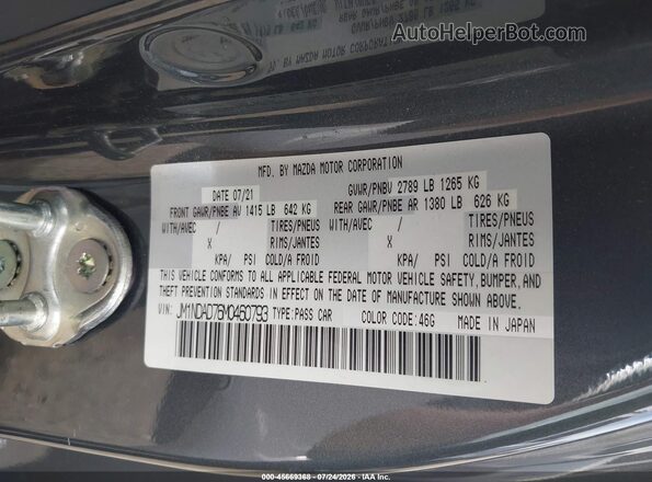 JM1NDAD76M0460793 2021 MAZDA MX-5 MIATA Gray ძრავის განყოფილების ხედი