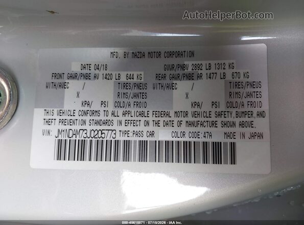 JM1NDAM73J0205773 2018 MAZDA MX-5 MIATA RF Серебряный Вид подкапотного пространства