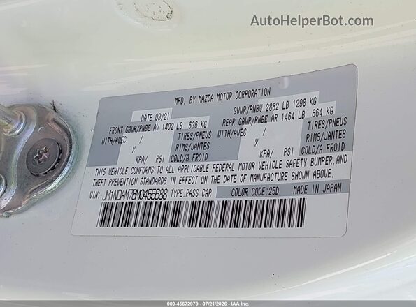 JM1NDAM76M0455688 2021 MAZDA MX-5 MIATA RF White Вид підкапотного простору