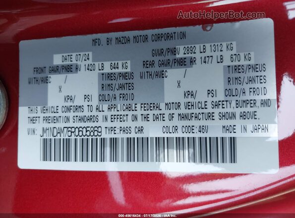 JM1NDAM76R0605869 2024 MAZDA MX-5 MIATA RF Red Vista del compartimento del motor