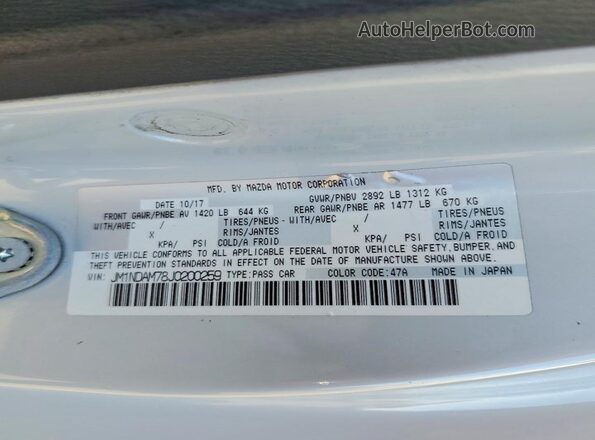 JM1NDAM78J0200259 2018 MAZDA MX-5 White Vista del compartimento del motor