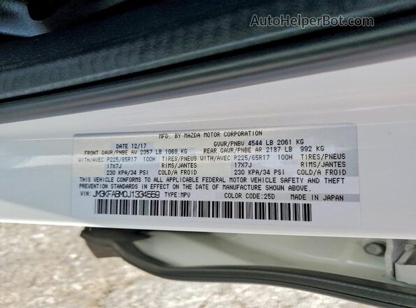 JM3KFABM0J1334559 2018 MAZDA CX-5 White VIN კოდის სტიკერის ხედი