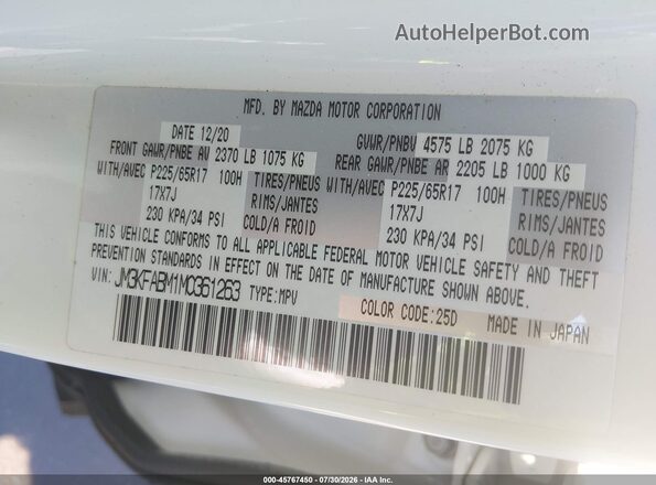 JM3KFABM1M0361263 2021 MAZDA CX-5 White ძრავის განყოფილების ხედი