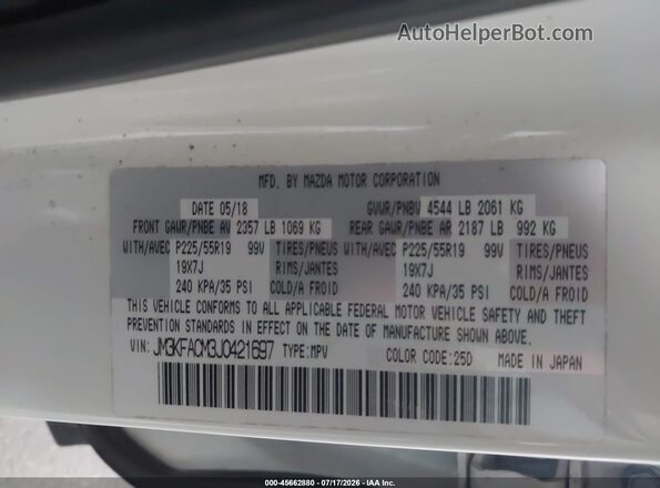 JM3KFACM3J0421697 2018 MAZDA CX-5 White Vista del compartimento del motor