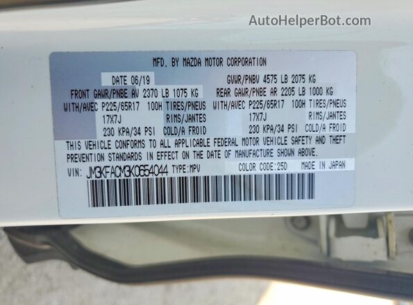 JM3KFACM3K0654044 2019 MAZDA CX-5 White VIN կոդի պիտակի տեսք