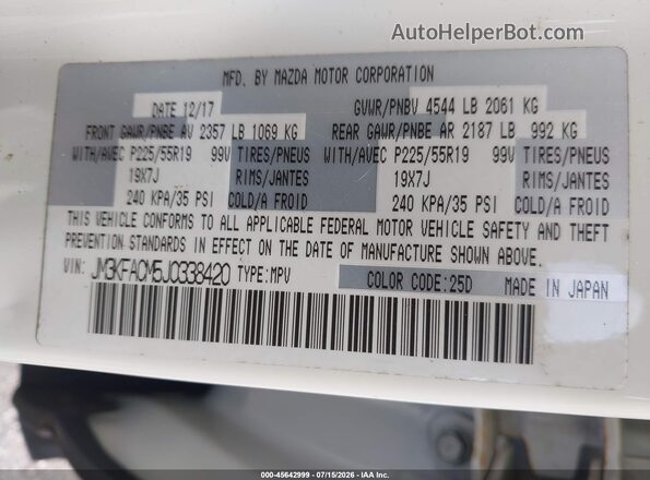 JM3KFACM5J0338420 2018 MAZDA CX-5 White ძრავის განყოფილების ხედი