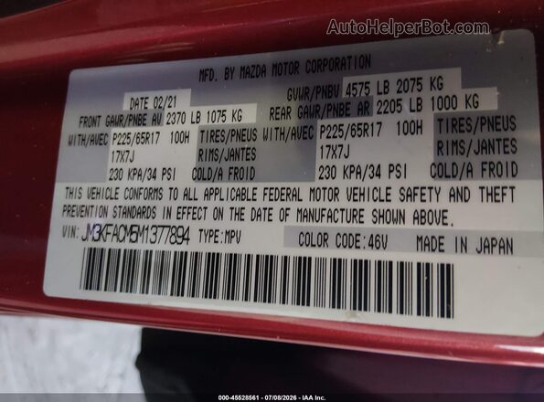 JM3KFACM5M1377894 2021 MAZDA CX-5 Red Շարժիչի բաժամունքի տեսք