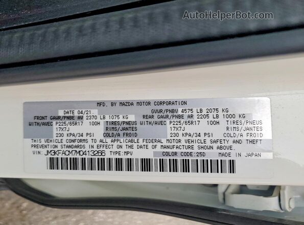 JM3KFACM7M0413266 2021 MAZDA CX-5 White VIN sticker view