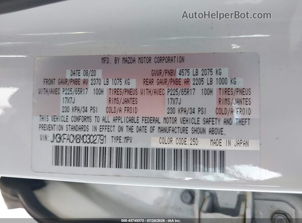 JM3KFACM8M0302791 2021 MAZDA CX-5 White Vista del compartimento del motor