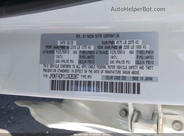 JM3KFADM1L0835367 2020 MAZDA CX-5 White ძრავის განყოფილების ხედი