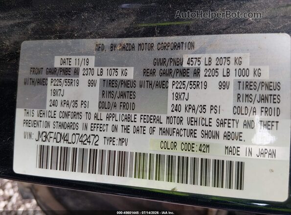 JM3KFADM4L0742472 2020 MAZDA CX-5 Blue Vista del compartimento del motor