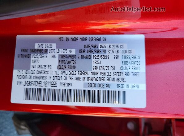 JM3KFADM6L1811995 2020 MAZDA CX-5 Red VIN sticker view
