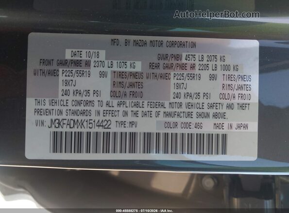 JM3KFADMXK1514422 2019 MAZDA CX-5 Gray ძრავის განყოფილების ხედი