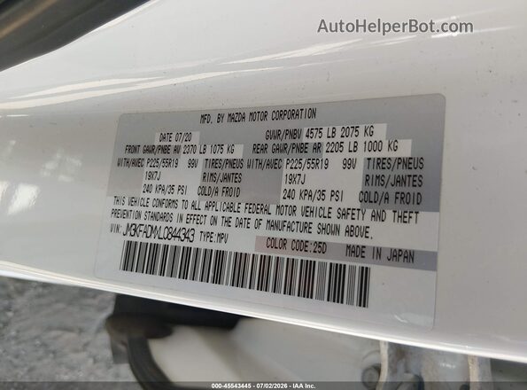JM3KFADMXL0844343 2020 MAZDA CX-5 White Vista del compartimento del motor