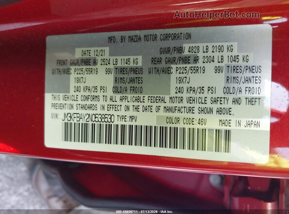 JM3KFBAY2N0538530 2022 MAZDA CX-5 Red Vista del compartimento del motor