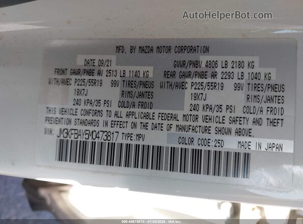 JM3KFBAY5M0473817 2021 MAZDA CX-5 White Vista del compartimento del motor
