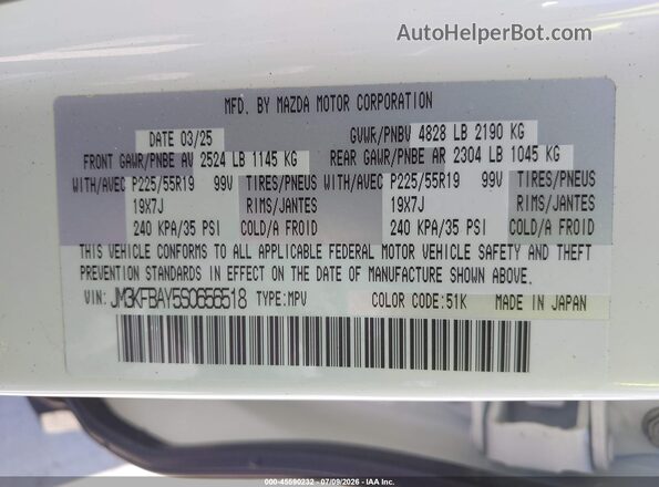 JM3KFBAY5S0656518 2025 MAZDA CX-5 White Widok komory silnika