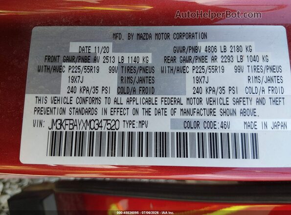 JM3KFBAYXM0347520 2021 MAZDA CX-5 Красный Вид подкапотного пространства