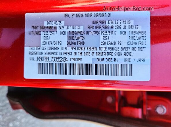 JM3KFBBL7S0662484 2025 MAZDA CX-5 Red Vista de la etiqueta del VIN
