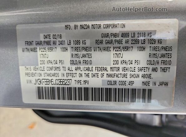JM3KFBBM6J0356237 2018 MAZDA CX-5 Серебряный Вид наклейки с VIN-кодом