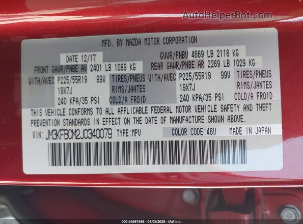 JM3KFBCM2J0340079 2018 MAZDA CX-5 Red Widok komory silnika