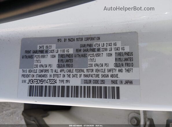 JM3KFBCM5M1476334 2021 MAZDA CX-5 White Engine compartment view