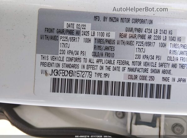 JM3KFBCM6N1572779 2022 MAZDA CX-5 White Vista del compartimento del motor