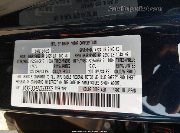 JM3KFBCM9N0599593 2022 MAZDA CX-5 Dark Blue Vista del compartimento del motor