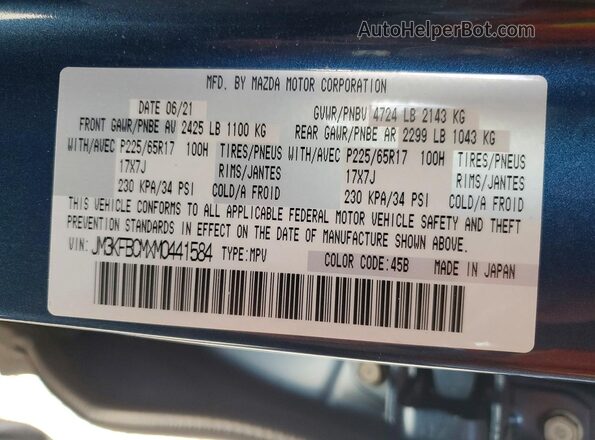 JM3KFBCMXM0441584 2021 MAZDA CX-5 Blue Widok naklejki z numerem VIN