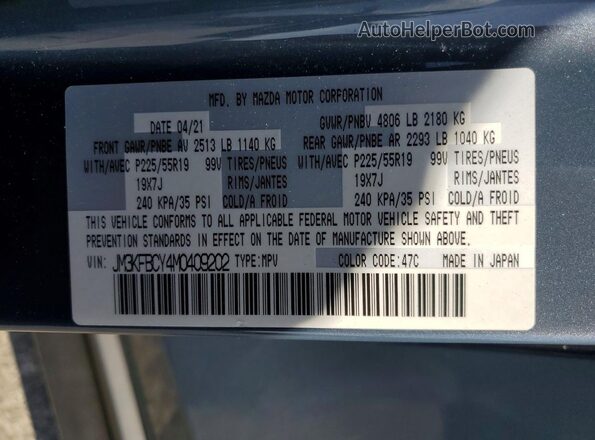 JM3KFBCY4M0409202 2021 MAZDA CX-5 Blue VIN კოდის სტიკერის ხედი