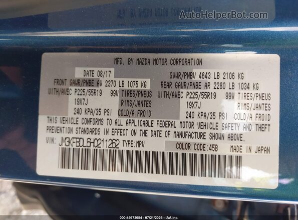 JM3KFBDL6H0211262 2017 MAZDA CX-5 Blue Widok komory silnika