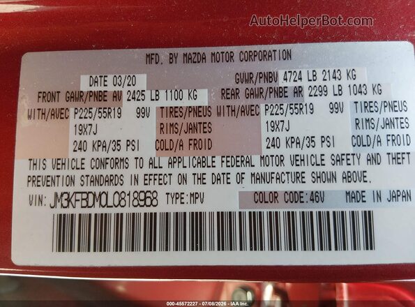 JM3KFBDM0L0818968 2020 MAZDA CX-5 Red Vista del compartimento del motor