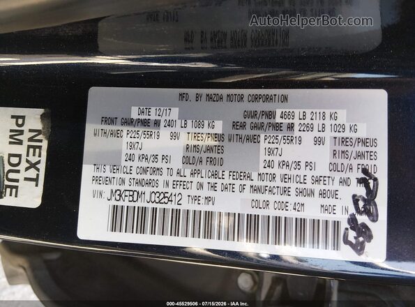 JM3KFBDM1J0325412 2018 MAZDA CX-5 Blue Vista del compartimento del motor