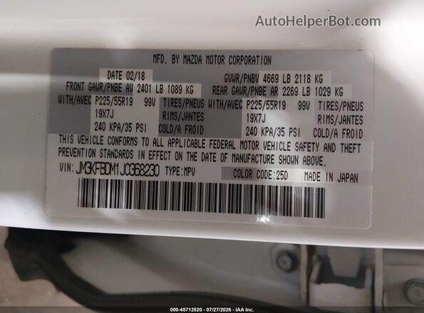 JM3KFBDM1J0368230 2018 MAZDA CX-5 White Շարժիչի բաժամունքի տեսք