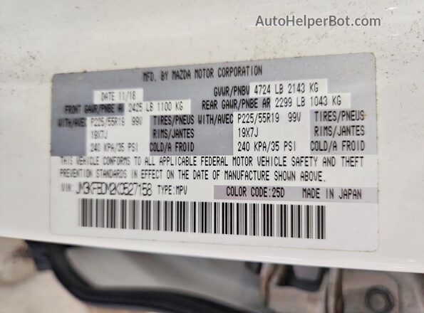 JM3KFBDM2K0527158 2019 MAZDA CX-5 White Vista de la etiqueta del VIN