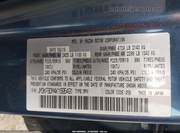 JM3KFBDM4K1695491 2019 MAZDA CX-5 Blue Vista del compartimento del motor