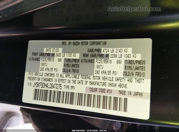 JM3KFBDM4L0847275 2020 MAZDA CX-5 Black Engine compartment view