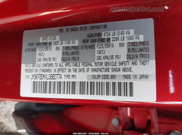 JM3KFBDMXL0860774 2020 MAZDA CX-5 Red Շարժիչի բաժամունքի տեսք