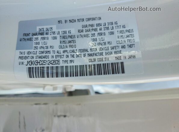 JM3KKBHD2S1242606 2025 MAZDA CX-90 Белый Вид наклейки с VIN-кодом