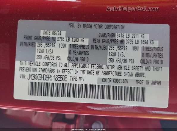 JM3KKBHD8R1186505 2024 MAZDA CX-90 Burgundy ძრავის განყოფილების ხედი