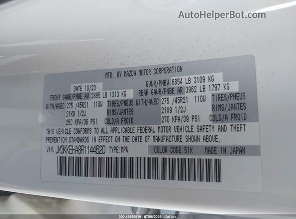 JM3KKEHA8R1144620 2024 MAZDA CX-90 PHEV White ძრავის განყოფილების ხედი