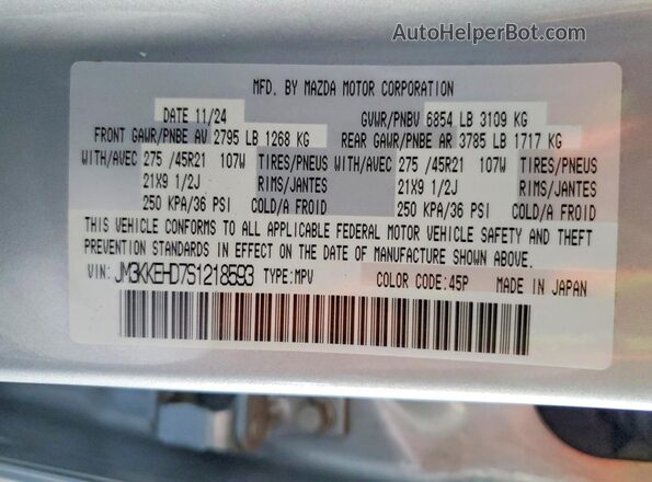 JM3KKEHD7S1218593 2025 MAZDA CX-90 Silver Widok naklejki z numerem VIN